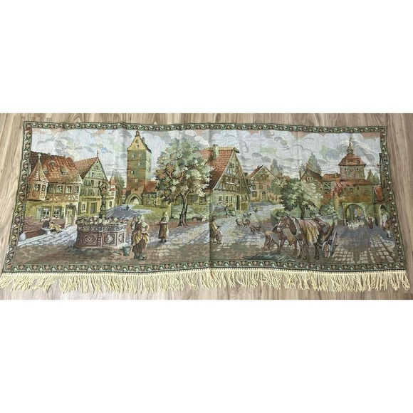 Vintage Tapestry Table Runner Kilim European Liechtenstein Village 30 x 65